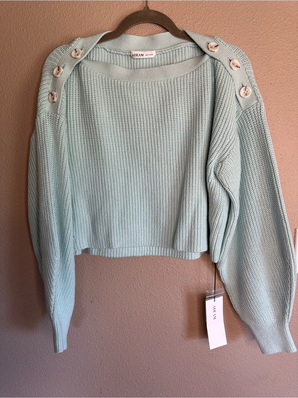 ADEAM Pale Mint Button-Shoulder Crop Sweater